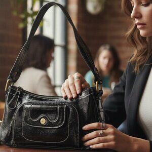 ✨ Perlina New York Black Patent Leather Shoulder Bag – Chic & Functional ✨